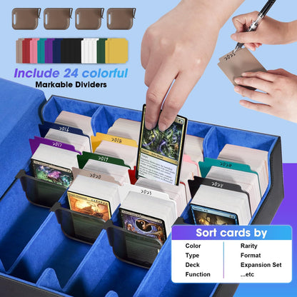 Card Organizer Box, 3000+Trading Card Storage Box, PU Leather Card Organizer Box With 24 Dividers, Magnetic Closure, 4 Supporters, Card Holder Box For Game Sports Card,Blue