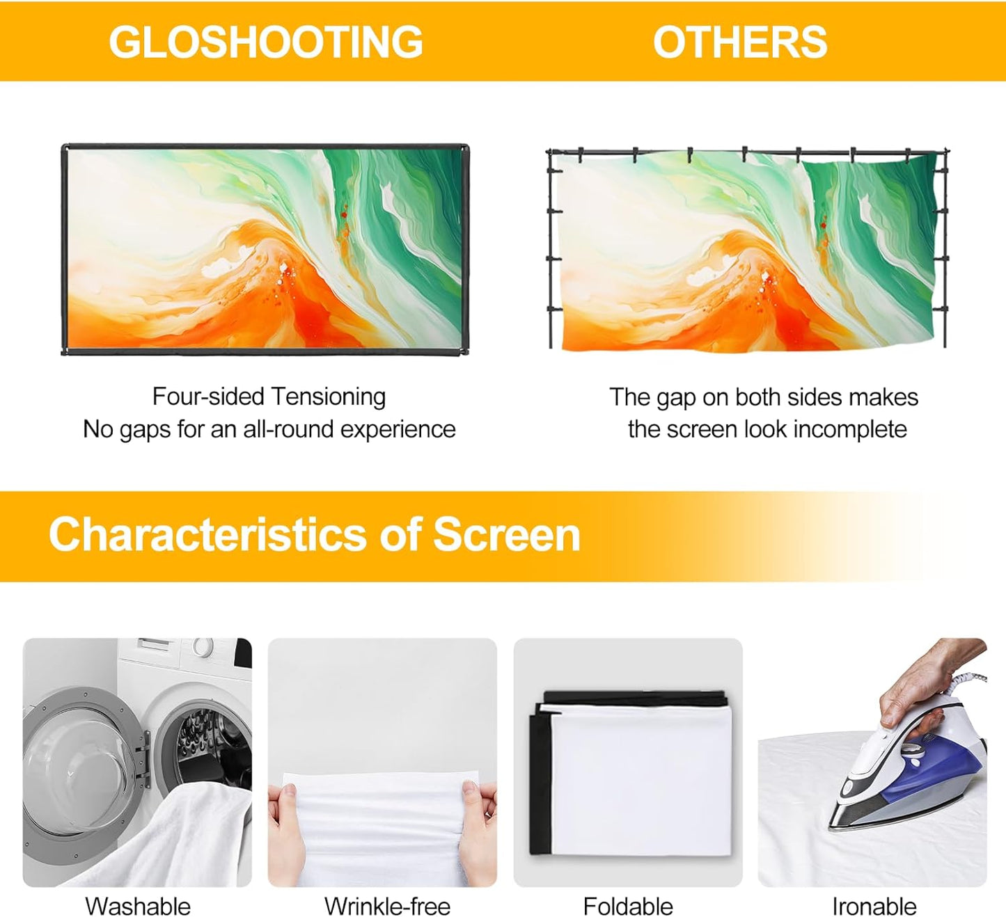 Projector Screen with Stand, 100 inch Portable Projector Screen Stand with Elastic Rope Bar, Outdoor Indoor 16:9 4K HD Wrinkle-Free Front Rear Projection Screen with Carry Bag for Home Theater Party