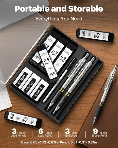 Four Candies Metal Mechanical Pencil Set - 3PCS 0.9mm Art Mechanical Pencils & 360PCS HB Lead Refills & 3PCS Erasers & 9PCS Eraser Refills, Drawing Mechanical Pencils for Writing, Sketching/With Case