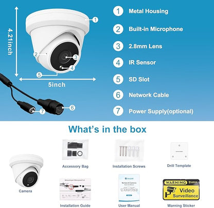 UNILOOK 5MP PoE IP Camera for Business, Turret Security IP Camera Outdoor with Mic/Audio, AI Human Motion Detection, 100FT IR Night Vision, IP66 Weatherproof, 2.8mm Lens, Full Metal, NDAA Complaint