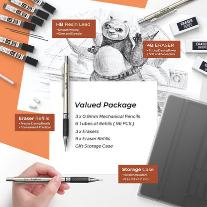 Nicpro RG1000 0.9 mm Art Mechanical Pencil Set in Storage Case, 3 PCS Metal Drafting Pencil Lead Pencil with 6 Tube HB Refills, 3 Erasers, 9 PCS Eraser Refills for Artist Writing, Drawing, Sketching
