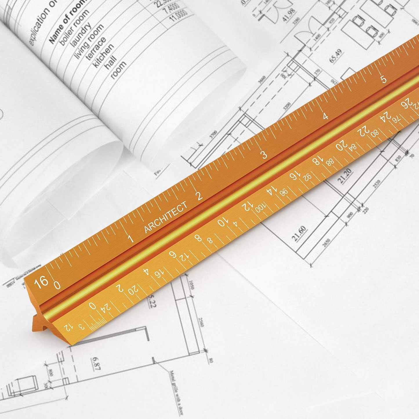 12" Architectural Scale Ruler Aluminum Architect Scale Triangular Scale Ruler for Architects, Draftsman, Students and Engineers, Golden