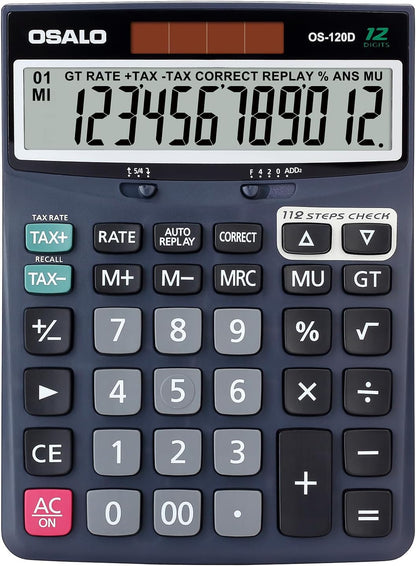 OSALO 12 Digits Desktop Calculator Extra Large LCD Display with VAT Tax Big Button, Dual Solar Power and Battery, Basic Calculator for Office, Home, School (DJ-120D Deep Blue)