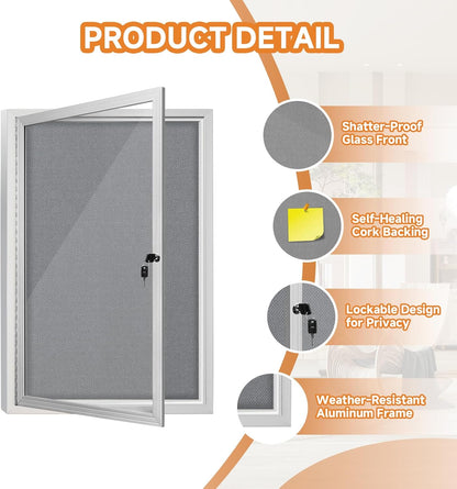 Enclosed Bulletin Board with Locking Door, Outdoor Bulletin Board Weatherproof, Lockable Display Case for Home, Office, and Community Use(23.6“L x 35.4" W Gray)