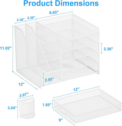 Lavatino Desk Organizer with File Holder, 5-Tier Paper Letter Tray Organizer with Sliding Drawer and 2 Pen Holder, Mesh Desktop File Organizer for Office Supplies, White