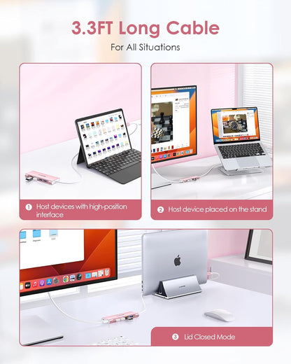 LENTION 3.3FT Long Cable USB C Multiport Hub with 4K HDMI, 4 USB 3.0, Type C Charging Compatible 2023-2016 MacBook Pro, New Mac Air/iMac/Mac Mini, More, Stable Driver Adapter (C35-1M, Rose Gold)