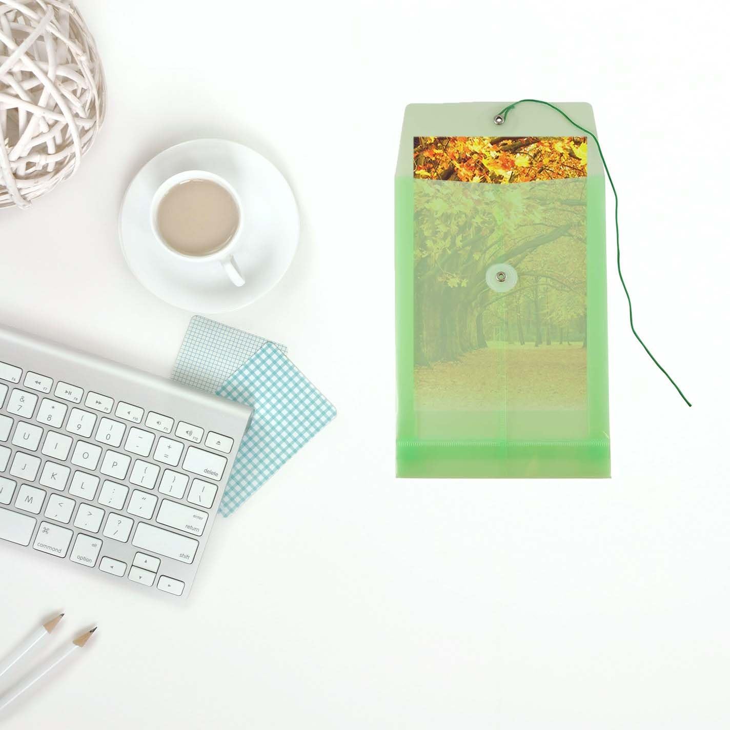 JAM PAPER Plastic Envelopes with Button & String Tie Closure - 6 1/4 x 9 1/4 - Green - 12/Pack