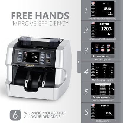 NUCOUN VC-7S Silver Bank Grade Money Counter Machine Mixed Denomination Value Counting Serial Number Multi Currency Enabled 2CIS/UV/IR/MG/MT Counterfeit Detection Cash Bill Value Counter