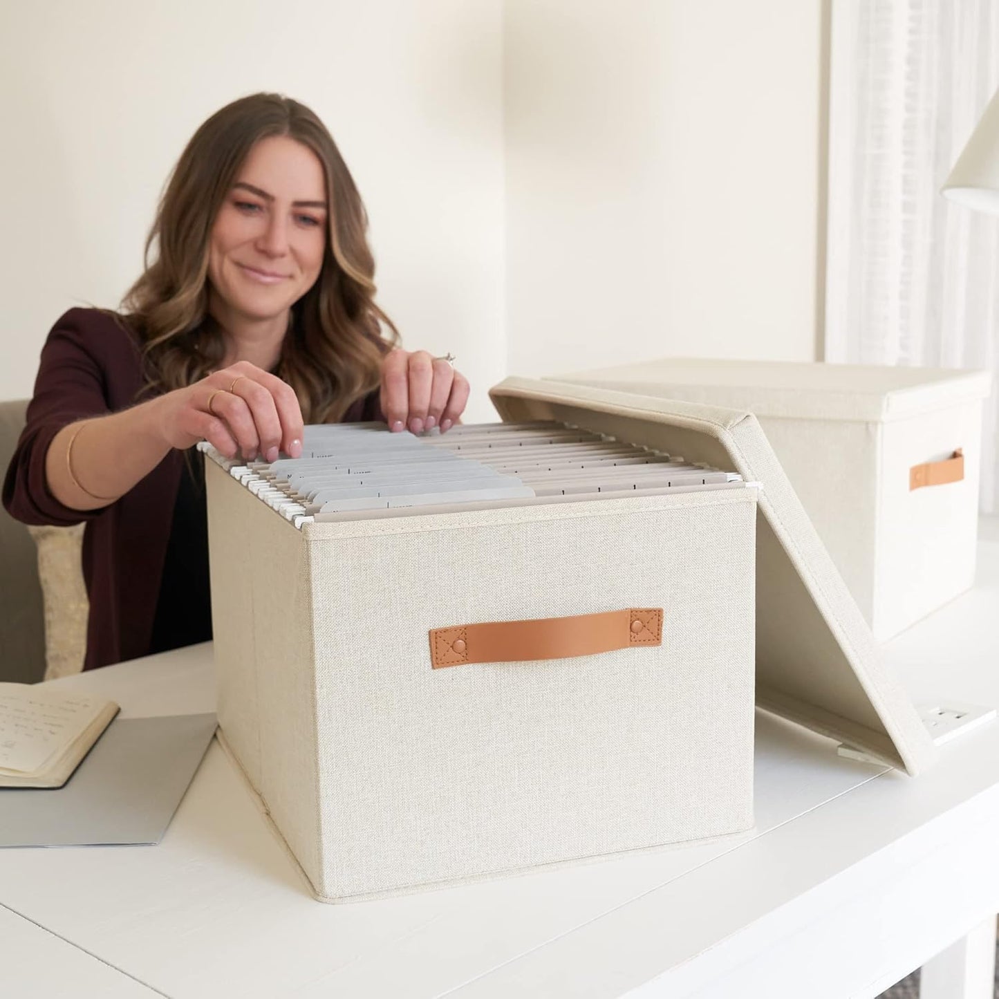 ZICOTO Decorative File Organizer Box Set of 2 - Collapsible Linen Filing Cabinets w/Handles Are Perfect to Store all Your Documents & Hanging File Folders - Portable Easy Slide Crates with Lid
