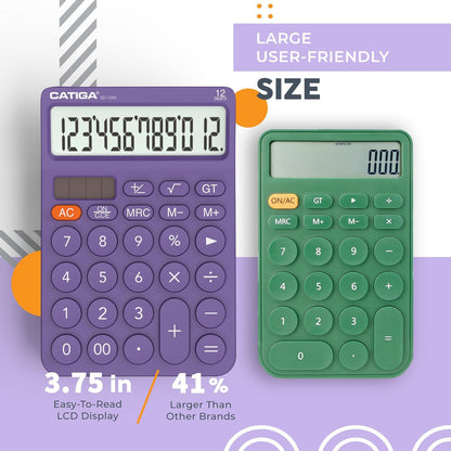 CATIGA 12 Digit Desktop Calculator Basic Desk Calculator with Large LCD Display, Big Buttons, 4 Function, Solar and Battery Dual Power, for Office, School, Home, SD-1292 Purple