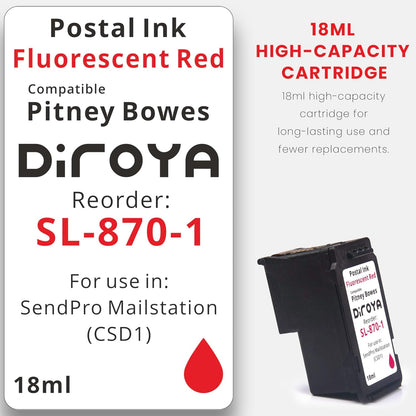 SL-870-1 Ink Cartridge 18ML High Yield Replacement for Pitney Bowes SendPro Mailstation Fluorescent Red Postage Ink (CSD1) (2 Pack)
