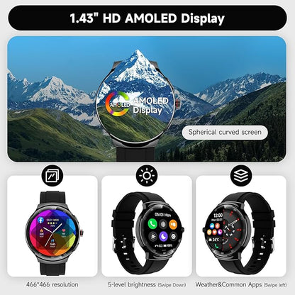 Smart Watch for Men Women, 1.43" AMOLED IP68 Waterproof Smartwatch, Fitness Tracker with Heart Rate/SpO2/Sleep Monitor, 150+ Sports Mode, Bluetooth Call Android & iOS Compatible, 2 Bands