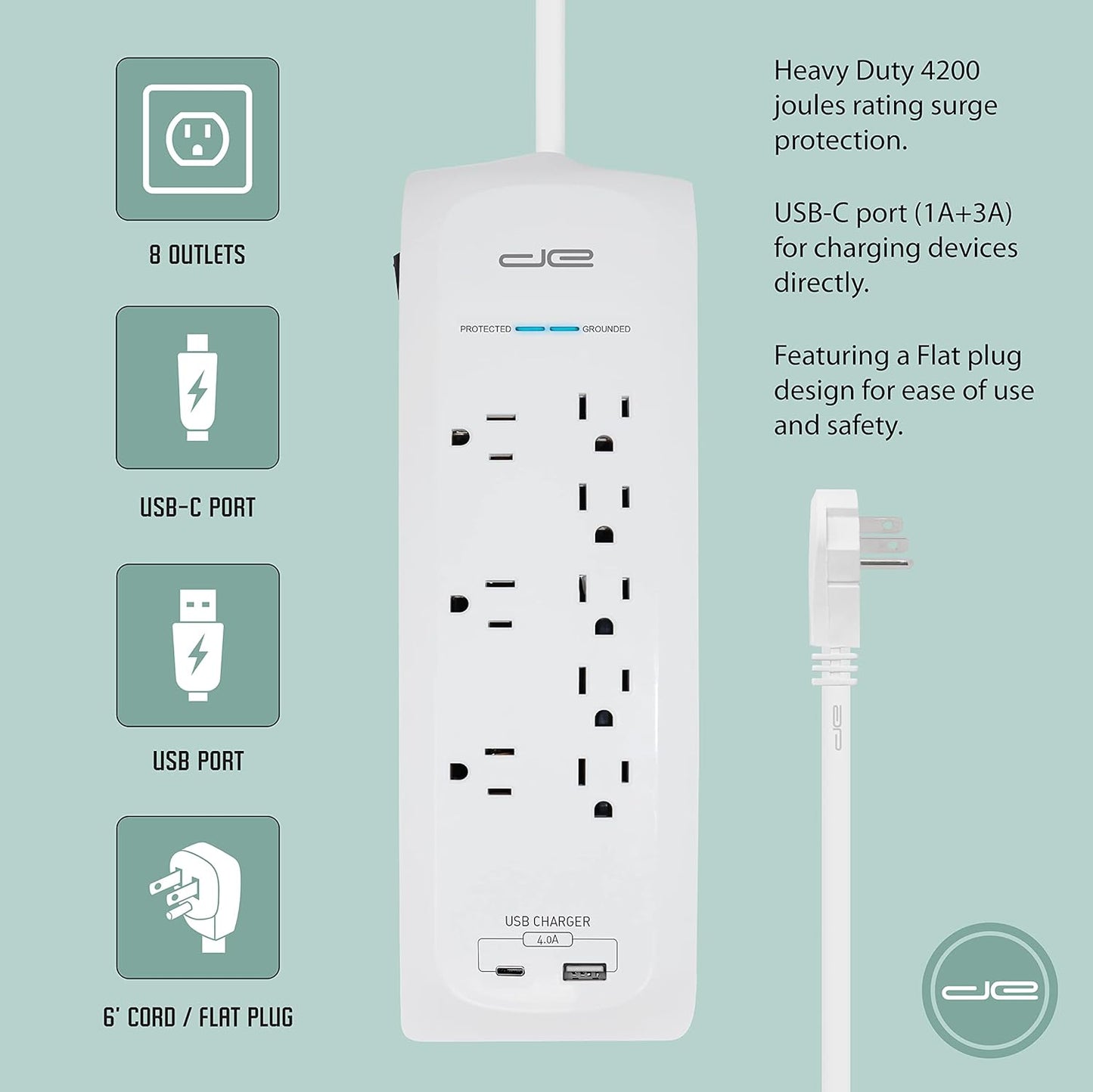Digital Energy 25 FT USB-C and USB-A 8 Outlet 4200 Joules Surge Protector Power Strip, 3 Wide Spaced Outlets, White