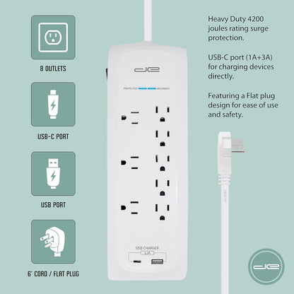 Digital Energy 25 FT USB-C and USB-A 8 Outlet 4200 Joules Surge Protector Power Strip, 3 Wide Spaced Outlets, White
