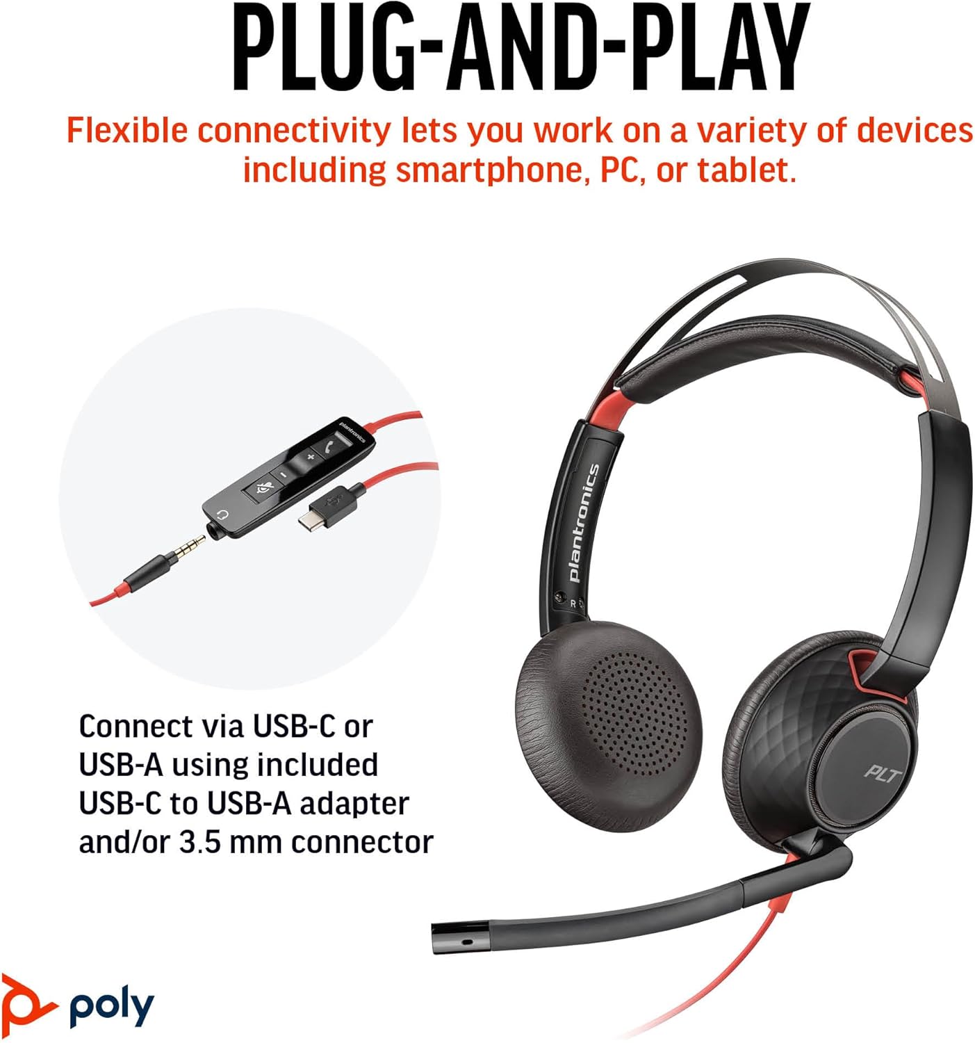 Poly Blackwire 5220 Wired Headset (Plantronics) Flexible Noise-Canceling Boom Mic Ergonomic Design - PC/Mac, Mobile via USB-C, USB-A, 3.5mm - Works w/Teams, Zoom - Amazon Exclusive (9P7X6AA)