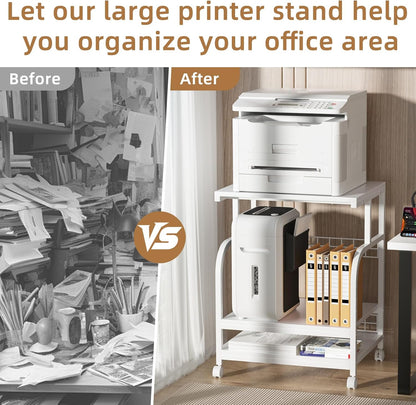 Lerliuo Large Printer Stand with Storage, 23.6"W x 18.9"D x 30.2"H, 5-Adjustable Shelf Heights Mobile 3 Tier Table with Lockable Wheels, Industrial Rolling Printer Cart, White Stands for Home Office
