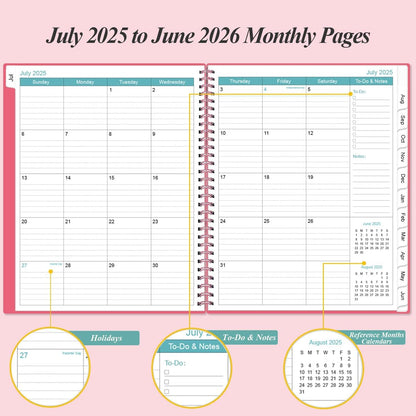 Planner 2025-2026 - Academic Planner 2025-2026 from July 2025 to June 2026 with 12 Monthly Tabs, Flexible Cover, Inner Pocket, 8.5" x 11", Pink