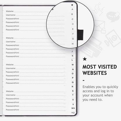 JUBTIC Password Book with Individual Alphabetical Tabs, 7"x10" Internet Password Keeper Book for Seniors, Password Notebook and Organizer/Notes Section, Black