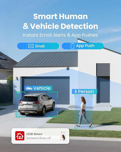 ZOSI 16 Channel Security Camera System,8 x 1080P Outdoor Indoor Weatherproof Wired Cameras,AI Human Vehicle Detection,Night Vision,H.265+ 16CH 2.0MP HD-TVI CCTV DVR with 2TB HDD for 24/7 Recording