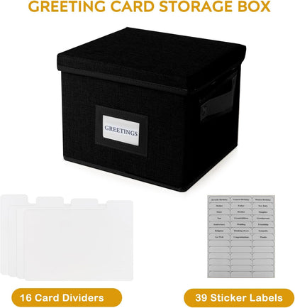 Greeting Card Organizer Box with 16 Dividers,Collapsible Greeting Card Storage Box with Handles Hold 150+ Cards,Greeting Card Holder for Greeting Cards,Sticker, Recipes, Photos, Envelopes