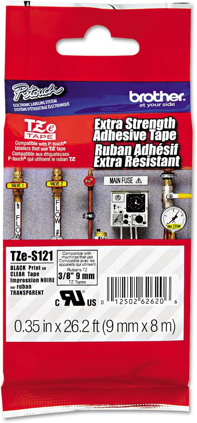 Brother Tape, Black on Clear Extra Strength, 9mm (TZeS121)