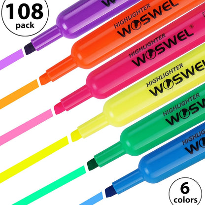 Highlighters Bulk, 108 Pack Tank Style Highlighters Assorted Fluorescent Colors Set, 6 Bright Colors Chisel Tip Highlighter Markers for Kid and Adult Coloring, Highlighting as School Supplies
