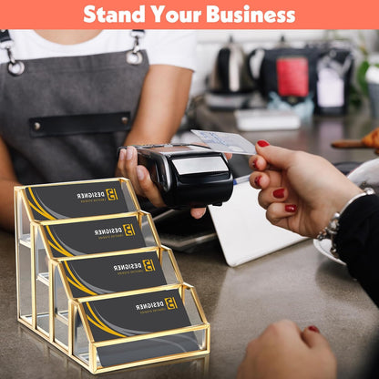 4 Slots Glass Business Card Stands for Display, Desktop Business Card Holder with Gold Metal Frame, Clear Name Cards Organizer for Office, Exhibition, and Meetings (4.13" L x 5.9" W x 4.72" H)