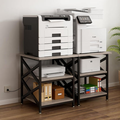 Large Printer Stand with Power Outlet, with Height Adjustable Storage Shelf, 3 Tier Rolling Printer Cart with Industrial Wheels, 23.6 x 23.6 Inches Printer Table for Home Office, Greige