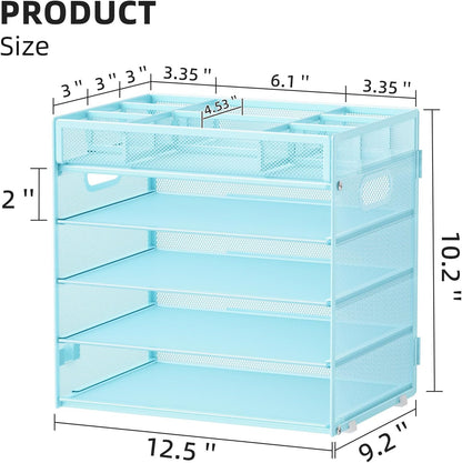 Marbrasse 5-Tier Letter Tray Paper Organizer with Handle, Multi-Functional Mesh File Organizer for Desk, Adjustable Compartments Mesh Desktop Storage for Office Supplies,Blue