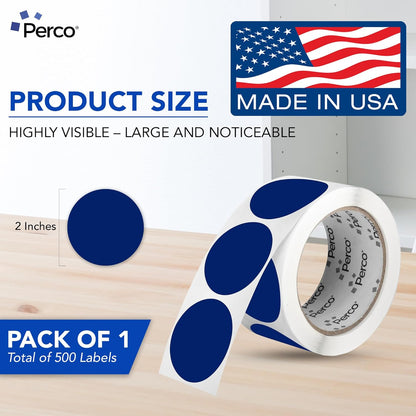 Perco Dark Blue 2-Inch Round Circle Dot Sticker Labels with Easy Peel Perforation - 500 Labels per Roll - Strong Adhesion, Vibrant Colors for Organizing, Crafting & More - Made in USA