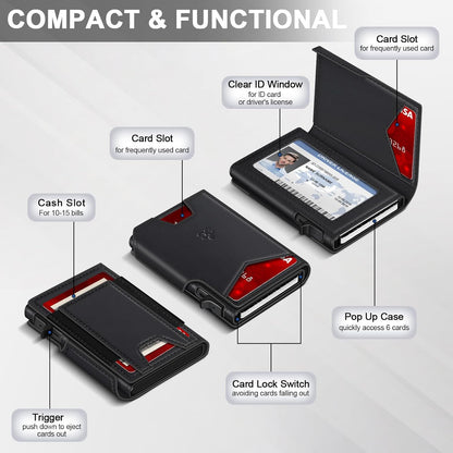 Wallet for Men Wallet with Slim Pop Up Card Holder 9-13 Cards, Bifold Minimalist Smart Wallet RFID Blocking Credit Card Holder with ID Window & Stretchable Cash Slot Compact Metal Aluminum Card Case