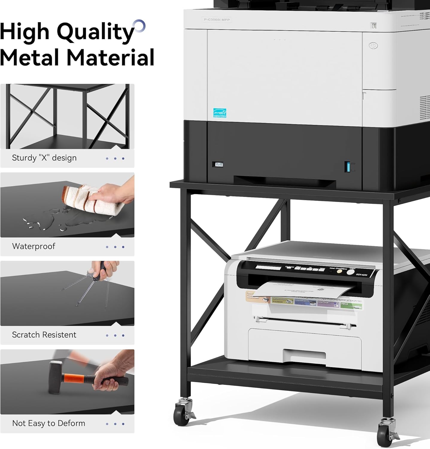 Warmiehomy 24"x24"x24" Large Printer Stand with Storage, 2 Tier Rolling Printer Cart Table, Mini Fridge Stand with Wheels, Use for 3D Laser Printer Home Office, Black