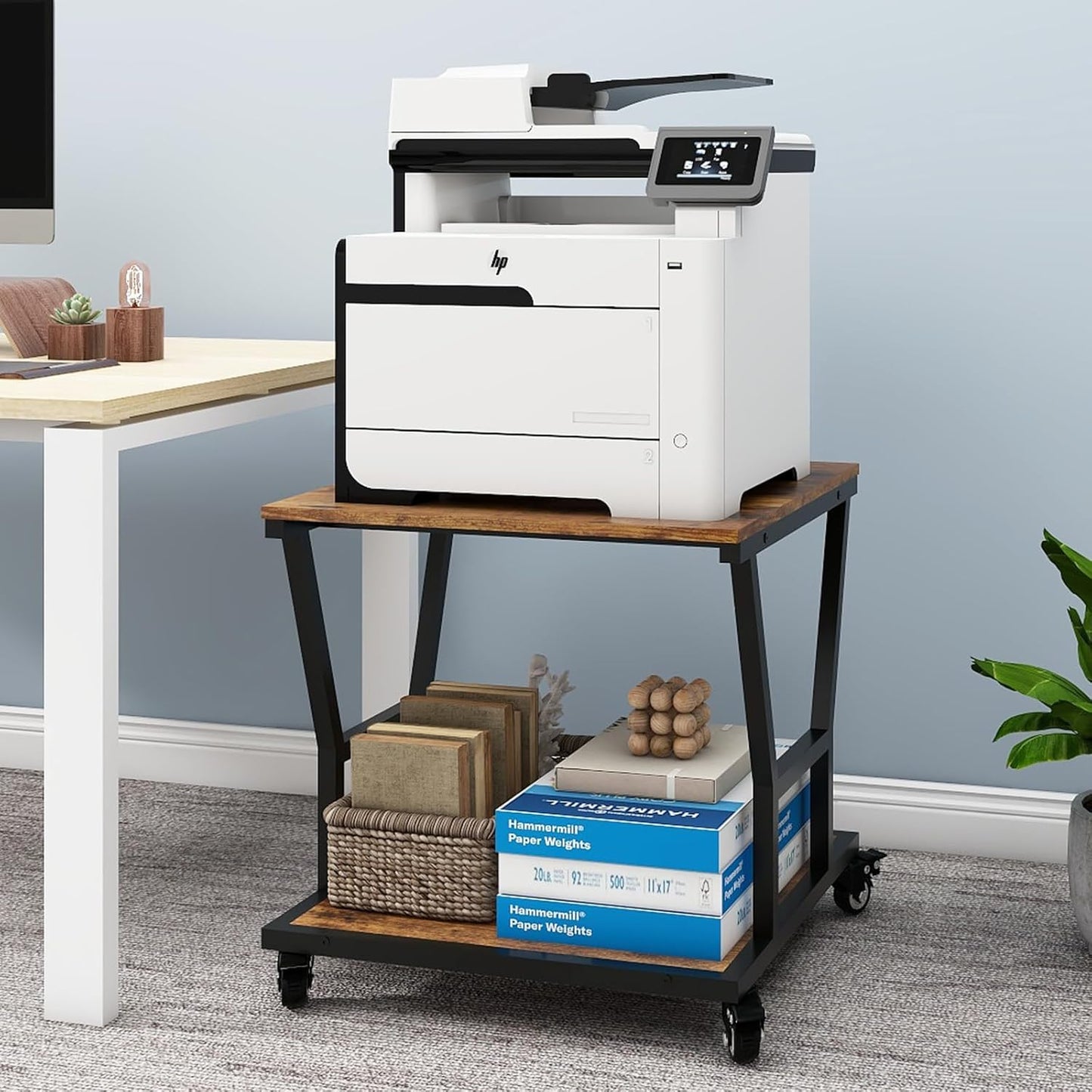 Natwind 2-Tier Large Printer Stand,23.6"x23.6"x29.5" Heavy-Duty Printer Table Cart with Paper Storage Shelf & Wheels,Ideal for Home Office Laser Printers, Copiers (Retro)