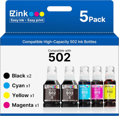 E-Z Ink 502 Ink Refill Bottles Compatible for Epson 502 Ink Refill Bottles T502 522 T522 High Capacity to Use with Epson ET-3850 ET-2850 ET-4850 ET-2800 ET-2760 ET-3760 (5 Bottles, 2BK C M Y)