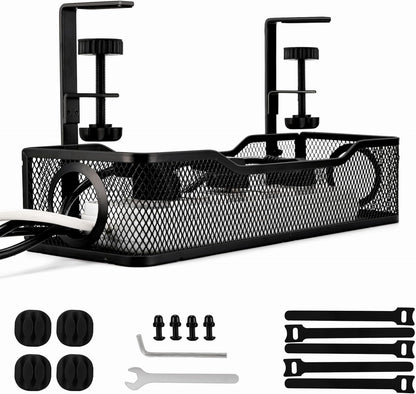 No Drill Under Desk Cable Management Tray – Clamp-On Metal Cable Organizer for Power Cords – Easy Install Wire Holder for Home Office Desk (Black)