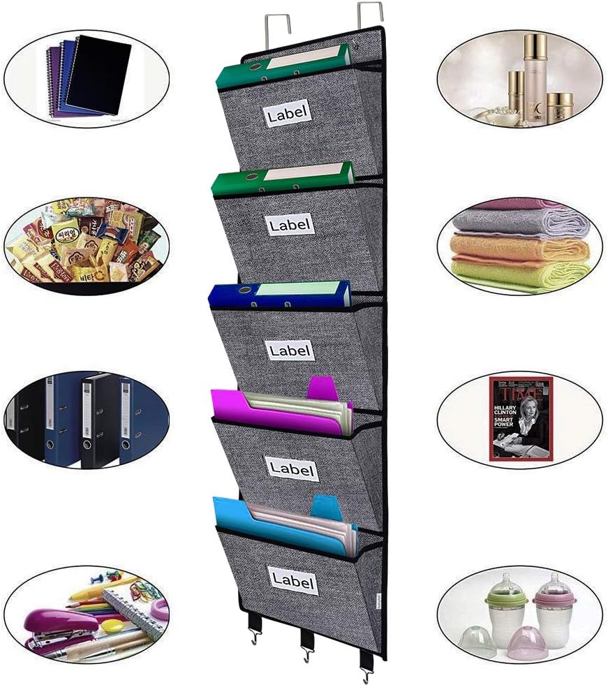 homyfort Over the Door File Organizer Hanging File Folders, Wall Organizers and Storage for Mail, Magazine, Notebooks, Planners, Office, Classroom, 5 Extra Large Pockets (Black with Pattern)