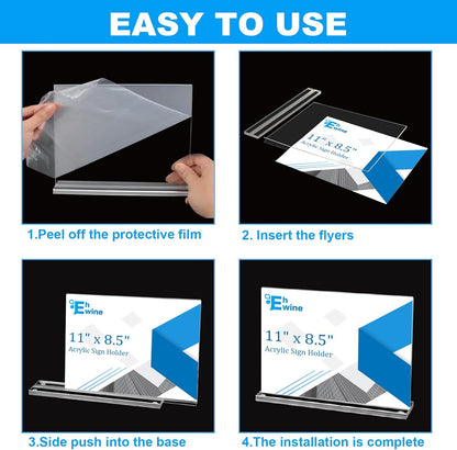 EHWINE 3 Pack Acrylic Sign Holder 8.5 x 11 Horizontal, Double-Sided Stand up Table Top Sign Holders, Clear Acrylic Picture Frame Menu Flyer Paper Holder Display Stand for Office Business Store Wedding Party