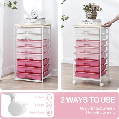 Rolling Cart with Drawers,Storage Cart with 8 Drawers and Wooden Tabletop,Utility Cart for Living Room,Classroom, Bedroom,Bathroom,Dorm,Office,Rose Pink