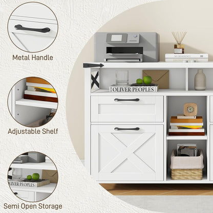 Farmhouse Filing Cabinet with Adjustable Shelf for Home Office, Lateral File Cabinets 4 Drawers with Open Storage Shelf, Filing Organization Storage Cabinets for Hanging Files Letter/A4.(White)