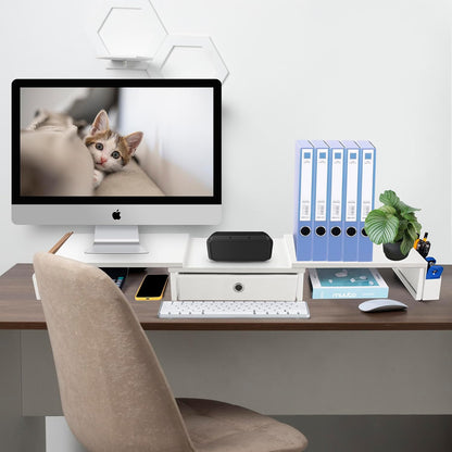 Dual Monitor Stand Riser w/ Drawer & Metal Leg, Large White Computer Monitor Riser w/ Storage For 2 Screens, Desk Shelf w/ Adjustable Length & Angle, Desktop Organizer