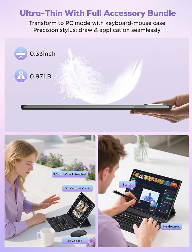 2025 Tablet 10.4 inch Android 15 Tablets with Keyboard Stylus Mouse: 2K IPS Tablette (2000x1200), 36GB+256GB(1TB TF), 5G/2.4G Dual WiFi, 8-Core 1.6GHz, 8000mAh,8+13MP, Widevine L1- Gray