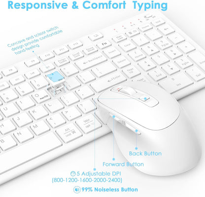 FENIFOX Wireless Keyboard Mouse Combo, Ergonomic Rechargeable Silent Quiet Slim Compact Full-Size USB C with Number Pad Flat Soft Cover for PC Computer Laptop Mac MacBook iMac TV Windows OS - White