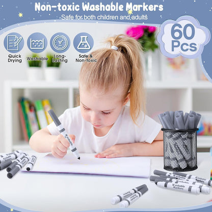 Janlaugh 60 Pcs Gray Washable Markers Bulk Coloring Broad Line Markers for Kids Conical Tip Gray Drawing Pens for Classroom Back to School Travel Art Baby Shower Gender Reveal Supplies, Ages 6+