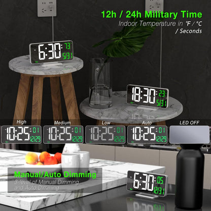 KOSUMOSU Alarm Clock for Bedroom, 6.7" Led Desk Digital Clock,Mirror Clock,Dual Alarm Clock for Living Room with Seconds,Date,Week,12/24h,Dimming,Temp