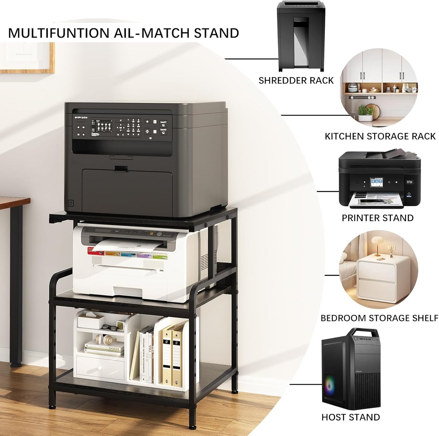 Large Printer Stand with Storage Shelf, 23.6" W x 18.9" D Printer Cart with Wheels, 3 Tier Mobile Printer Table for Home Office,Stands for Heat Press Scanner Fax (Black)