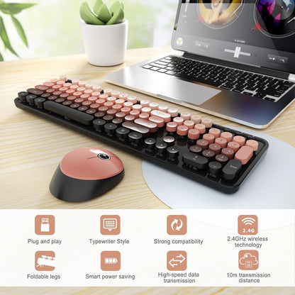 Wireless Keyboard and Mouse Combo, Ergonomic Full Size Typewriter Retro Round Keycaps Keyboard, Compatible with Windows, PC, Perfer for Home and Office Keyboards (Aurora Red)