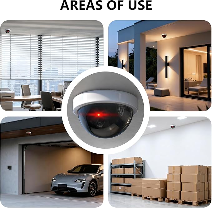 WALI Dummy Fake Security CCTV Dome Camera with Flashing Red LED Light with Security Alert Sticker Decals (SDW-4), 4 Packs, White