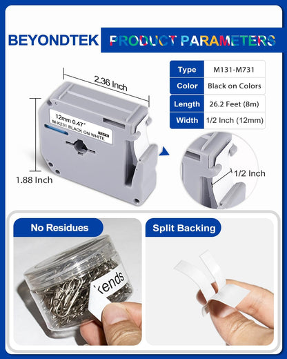 6Pk P Touch M Tape Work with PT-65 PT-70 PT-70BM PT-M95 PTM95 Replace with Brother P Touch M Tape 12mm 0.47 M-K 131 M-K231s 431s 531s 631s 731s for Brother PTouch PT-45 PT-80 PT-90,8m 26.2ft