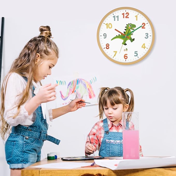 Dinosaur Wall Clock for Kids Bedrooms 12 Inch Silent Non-Ticking Battery Operated Analog Clocks Kids Wall Clock for Classrooms, Kids Bedrooms, Playrooms and Nursery for Toddler Children