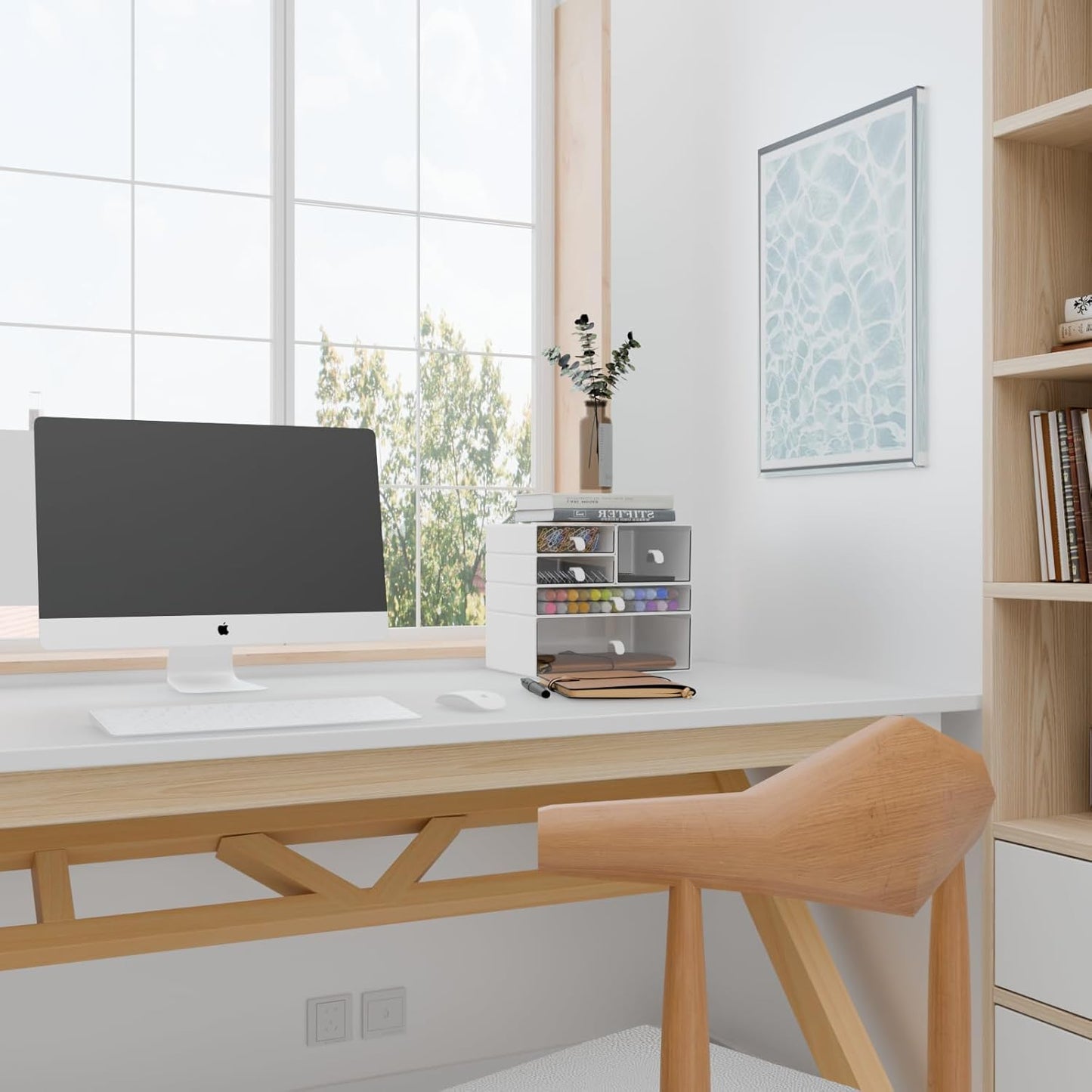 Desk Organizer Set, White & Clear Stackable Dustproof Storage Boxes for Desktop, Office, Bathroom, DIY Craft & Vertical Space Saving, Perfect for Makeup, Stationery Organization (5 Drawer)